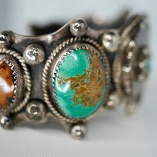 Reserved Grace vintage Navajo sterling silver cuff bracelet featuring a Royston turquoise cabochon and ammonite fossil