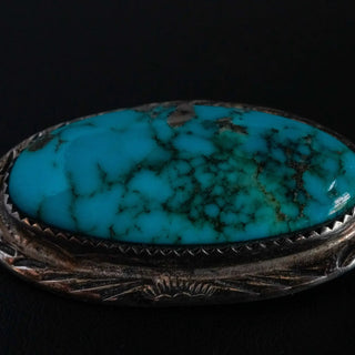 Reserved Grace Old Navajo Sterling Silver and Turquoise Pin – Signed SR – 34x18mm Stone - Brooches & Lapel Pins