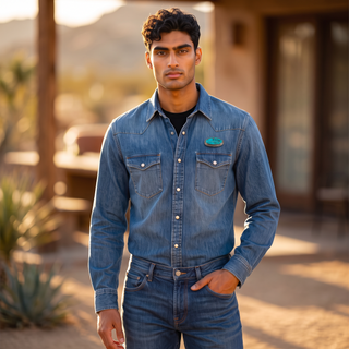 Reserved Grace vintage Navajo sterling silver and turquoise pin worn on a denim shirt by a man in a desert setting.