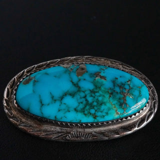 Reserved Grace vintage Navajo sterling silver pin with a large oval turquoise cabochon and hand-stamped silver frame.