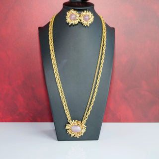 Reserved Grace vintage Oscar de la Renta gold tone necklace and clip earring set with pink cabochon flower accents.