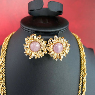 Reserved Grace vintage Oscar de la Renta gold tone floral necklace and clip earring set with pink glass cabochons.