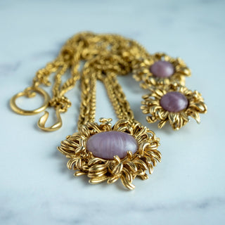 Reserved Grace vintage Oscar de la Renta gold-tone floral necklace and earring set with pink glass cabochons.