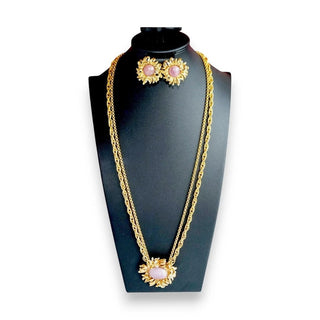 Reserved Grace vintage Oscar de la Renta gold-tone necklace and clip earring set featuring pink floral cabochons.