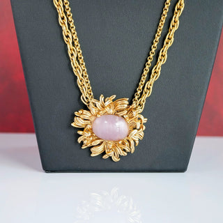 Reserved Grace vintage Oscar de la Renta gold-tone necklace featuring a large pink cabochon floral pendant on a double chain
