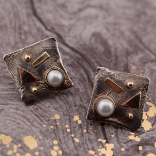 Reserved Grace abstract square earrings in sterling silver with 9ct gold accents and bezel-set natural pearls.