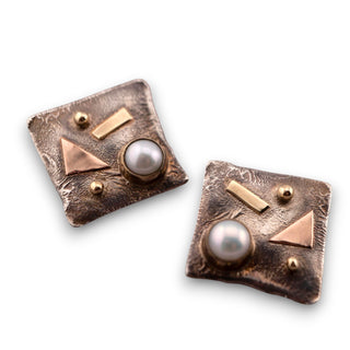 Reserved Grace abstract square earrings in sterling silver, yellow and rose gold with bezel-set natural pearls.