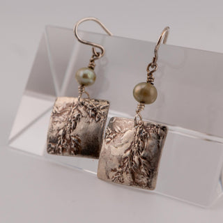 Reserved Grace artisan sterling silver square dangle earrings featuring etched textures and green pearl accents