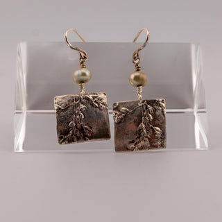 Reserved Grace artisan sterling silver square dangle earrings featuring etched textures and green pearl accents