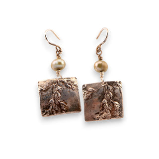 Reserved Grace artisan sterling silver square dangle earrings featuring etched leaf textures and green pearls.