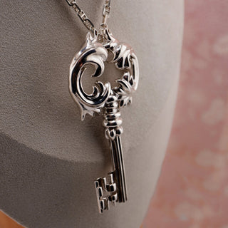 Reserved Grace vintage sterling silver Rococo key pendant with ornate detailing on an Italian 925 chain