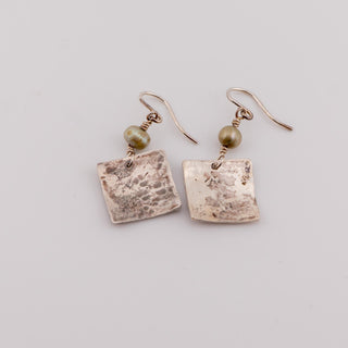 Reserved Grace artisan sterling silver square dangle earrings with etched texture and green pearl accents