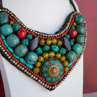 Reserved Grace Vintage Tibetan Hand Stitched Beaded Bib Necklace With Natural Stones - Necklaces Necklace