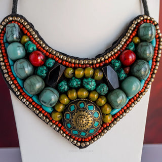 Reserved Grace Vintage Tibetan Hand Stitched Beaded Bib Necklace With Natural Stones - Necklaces Necklace