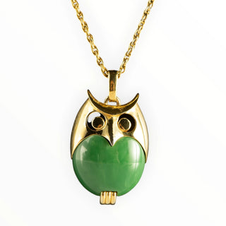 Reserved Grace vintage Crown Trifari gold tone owl pendant necklace with a green lucite jelly belly on a gold chain