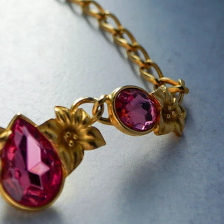 Reserved Grace vintage Trifari Kunio Matsumoto gold-tone necklace with pink crystal teardrop and floral accents.