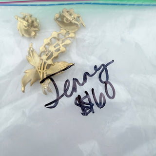 Reserved Grace vintage Trifari gold-tone leaf and faux pearl brooch and clip-on earring set in a plastic bag