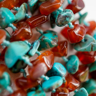Reserved Grace vintage 8-strand necklace featuring natural turquoise and carnelian chip beads on blue thread