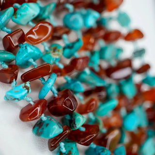 Reserved Grace 8-strand turquoise and carnelian chip bead necklace with blue thread knotting and sterling silver clasp