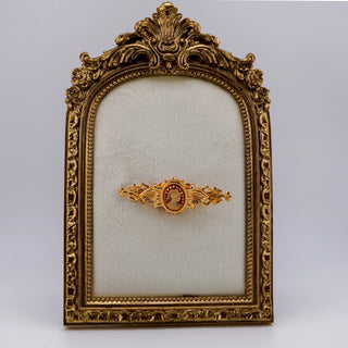 Reserved Grace vintage goldtone bar pin featuring a central resin cameo, displayed on an ornate gold frame stand.