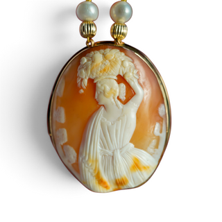 Reserved Grace vintage Fran Ridell handcrafted cameo pendant necklace featuring lustrous pearls and gold tone metal