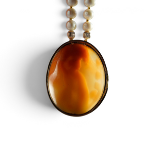 Reserved Grace vintage Fran Ridell handcrafted cameo pendant necklace with lustrous pearls on a white background