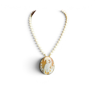 Reserved Grace vintage Fran Ridell handcrafted cameo necklace with lustrous faux pearls and a detailed carved pendant.