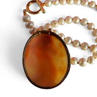 Reserved Grace vintage Fran Ridell handcrafted cameo pendant necklace with lustrous pearls and a gold barrel clasp.