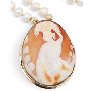 Reserved Grace vintage Fran Ridell handcrafted cameo pendant necklace with lustrous white pearls and gold accents.