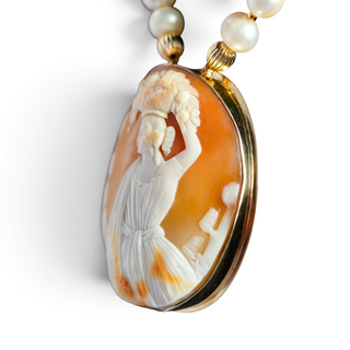 Reserved Grace vintage Fran Ridell handcrafted cameo pendant necklace with lustrous pearls and gold tone metal setting