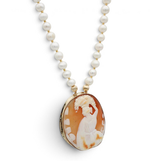 Reserved Grace vintage Fran Ridell handcrafted necklace featuring a detailed carved cameo pendant and white pearls.