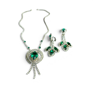 Reserved Grace vintage 1970s emerald green glass cabochon necklace and earring set with sparkling rhinestone accents.