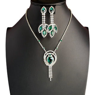 Reserved Grace vintage 1970s emerald glass cabochon necklace and earring set with sparkling rhinestone accents.