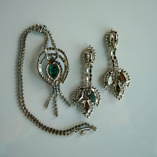 Reserved Grace vintage 1970s emerald glass cabochon necklace and earring set with sparkling rhinestone accents