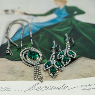 Reserved Grace vintage 1970s emerald glass cabochon necklace and earring set with sparkling rhinestone accents