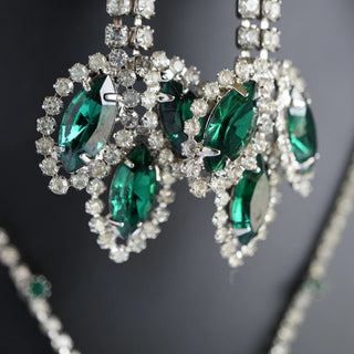Reserved Grace vintage 1970s jewelry set featuring emerald green glass cabochons surrounded by sparkling rhinestones
