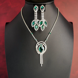 Reserved Grace vintage 1970s emerald glass cabochon necklace and earring set with sparkling rhinestone accents.