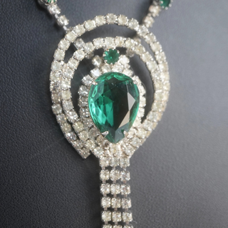 Reserved Grace vintage 1970s necklace featuring a large emerald green glass cabochon surrounded by sparkling rhinestones