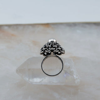 Reserved Grace vintage E. Granit & Co sterling silver dome ring with intricate filigree detail on a quartz crystal.