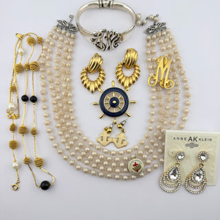 Reserved Grace vintage jewelry set including multi-strand faux pearl necklace, silver monogram cuff, and assorted earrings.