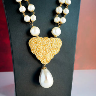 Reserved Grace vintage Marvella gold tone heart pendant necklace with faux pearl drop on a 24 inch beaded chain.
