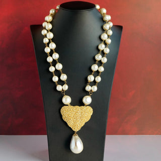 Reserved Grace vintage Marvella gold-tone heart pendant necklace with faux pearls on a 24-inch chain