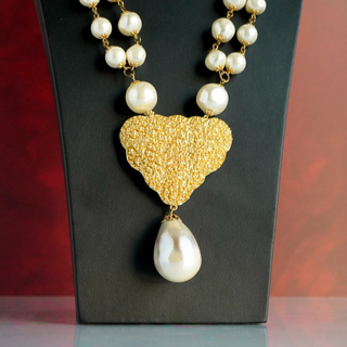 Reserved Grace vintage Marvella gold-tone heart pendant necklace with faux pearls on a 24-inch chain.