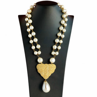 Reserved Grace vintage Marvella necklace featuring a textured gold heart pendant and faux pearl drop on a pearl chain.