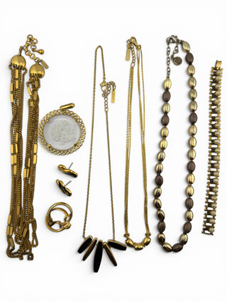 Reserved Grace vintage Napier gold-tone jewelry set featuring necklaces, earrings, and a pearl-embellished bracelet.