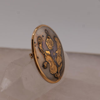 Reserved Grace vintage 1985 Norwegian hand-painted ceramic brooch with mottled grey glaze and abstract gold luster.