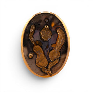 Reserved Grace vintage 1985 Norwegian hand-painted ceramic oval brooch with mottled grey glaze and abstract gold luster.