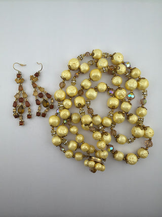 Reserved Grace vintage-inspired necklace and earring set with faux pearls, crystal beads, and amber chandelier drops.