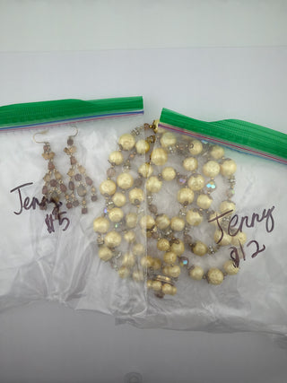 Reserved Grace vintage-inspired necklace with faux pearls and crystal beads alongside matching amber chandelier earrings.
