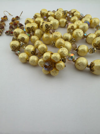 Reserved Grace vintage-inspired necklace and earring set with textured faux pearls, crystal beads, and gold filigree.